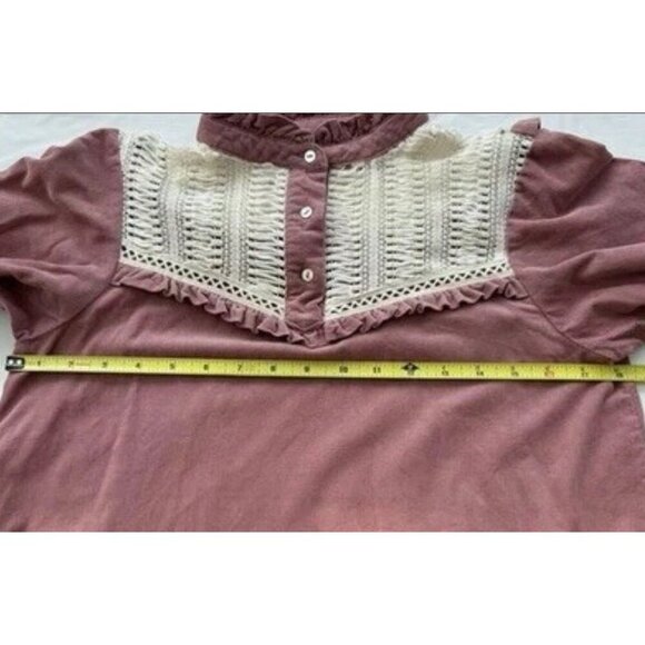 Zara Boho Dusty Pink 3/4 sleeve Corduroy crochet Ruffles Cotton Top XS - Picture 2 of 9